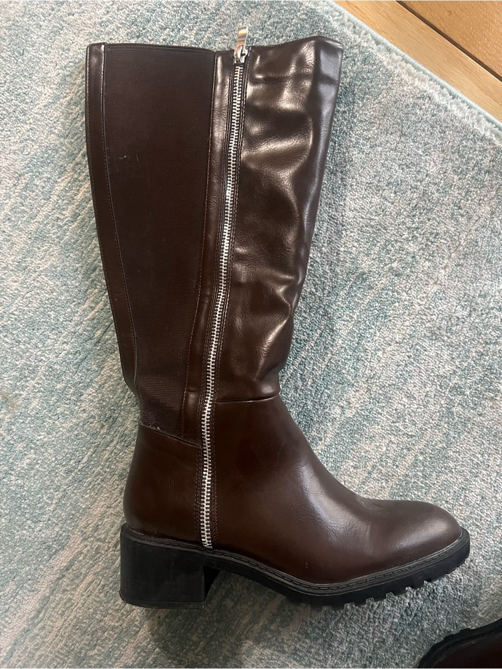 Stretchy, Wide Calf Brown Knee-High Boots with Silver Side Zip